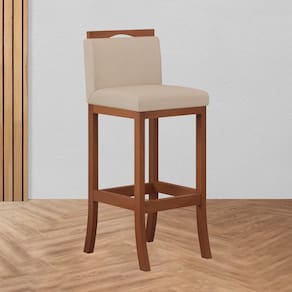 Banqueta Média Encosto Estofado 38 x 92 Cm Turim Madeira Maciça Pinhão Suede Bege CCS
