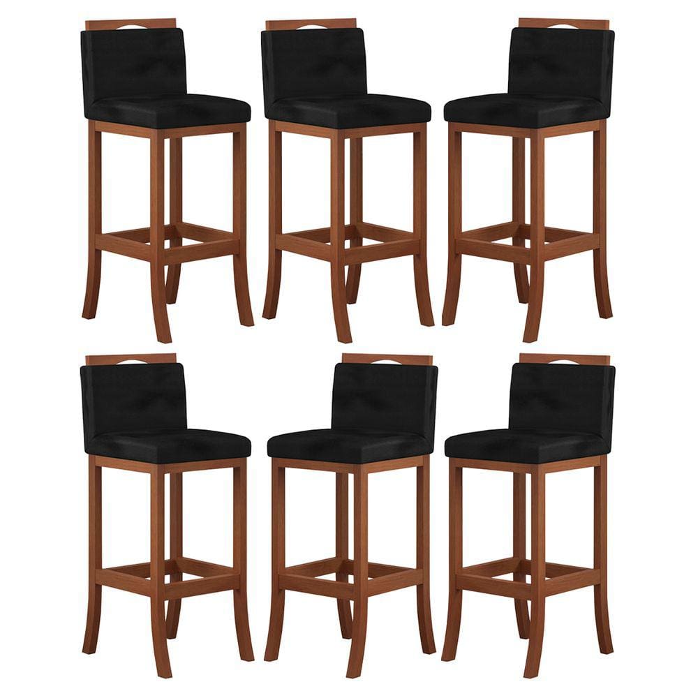 Kit 6 Banquetas Média Encosto Estofado 38x92 Cm Turim Madeira Maciça Castanho Suede Preto CCS