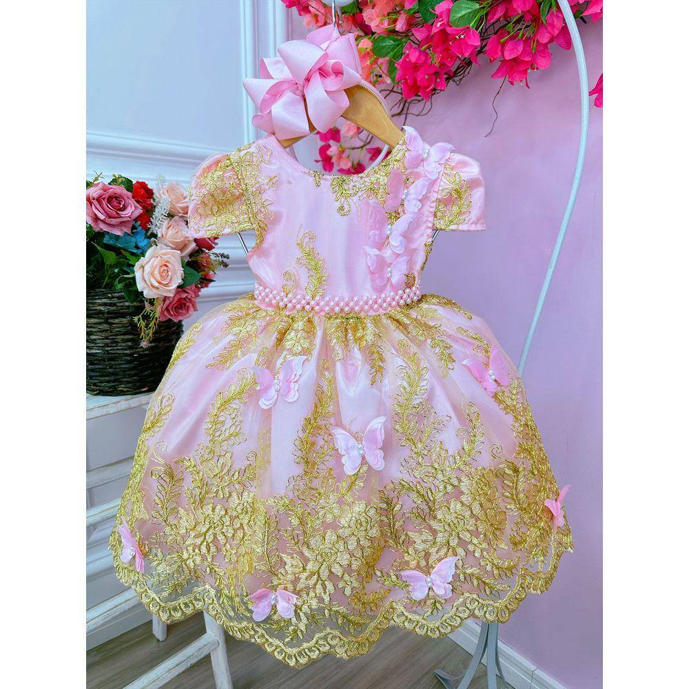 Vestido Infantil Rosa Dourado Realeza Princesa