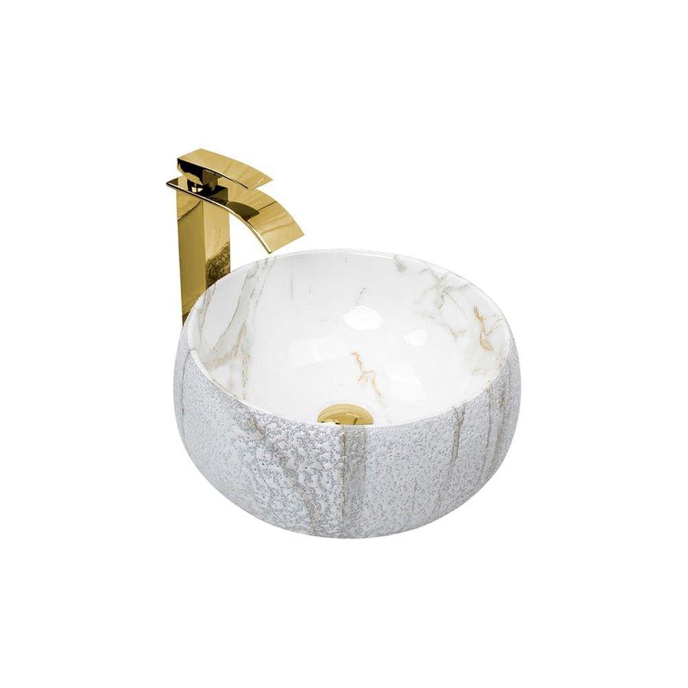 Kit Cuba Pia Louça Cerâmica Banheiro C/Torn e Vál Dourada 69