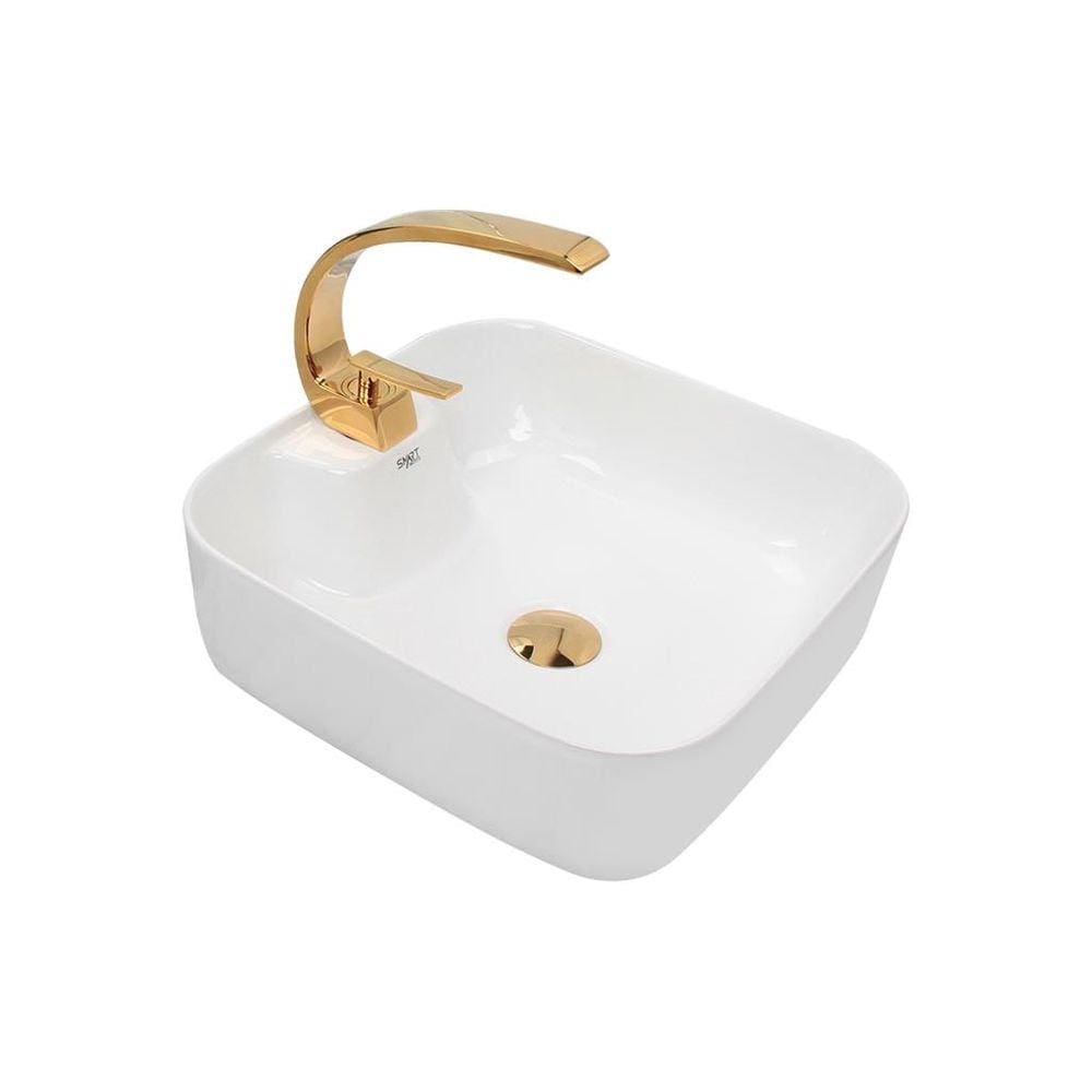 Kit Cuba Pia Louça Cerâmica Banheiro C/Torn e Vál Dourada 43