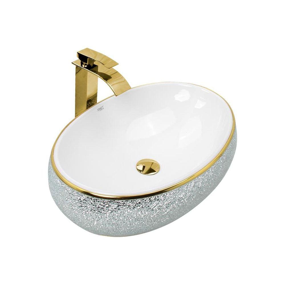 Kit Cuba Pia Louça Cerâmica Banheiro C/Torn e Vál Dourada 52