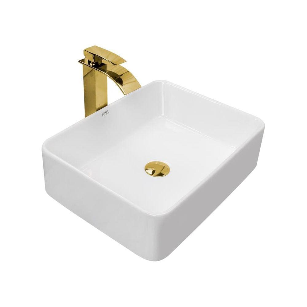 Kit Cuba Pia Louça Cerâmica Banheiro C/Torn e Vál Dourada 20