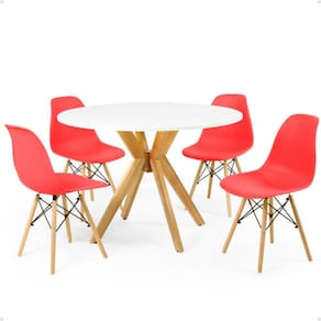 Conjunto Mesa de Jantar Redonda Marci Branca 100cm com 4 Cadeiras Eames Eiffel - Vermelho