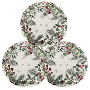 Jogo 3 Sousplat Natal Decorado Estampa Pinhas Folhagens e Berrries 33cm - Magizi