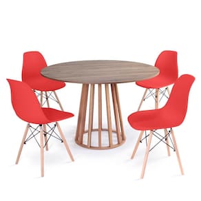 Conjunto Mesa de Jantar Redonda Talia Amadeirada Natural 120cm com 4 Cadeiras Eames Eiffel - Vermelho