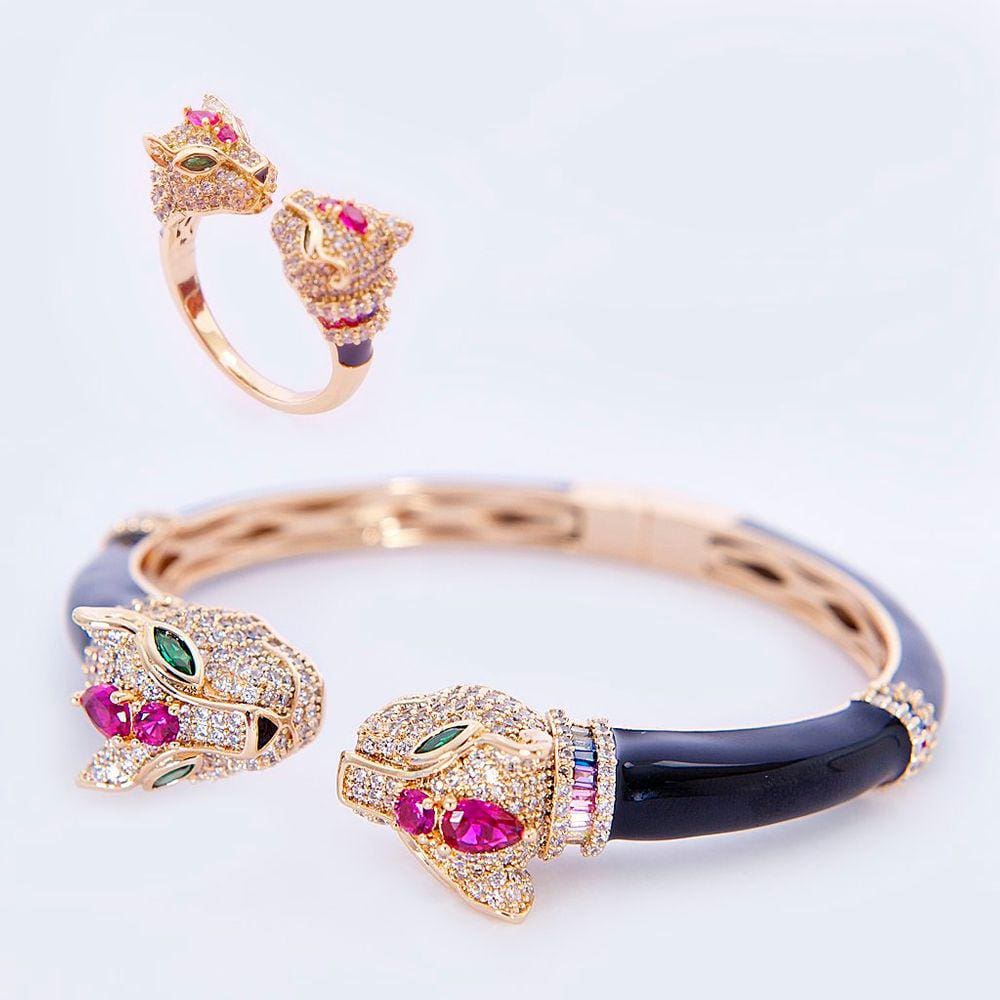 Conjunto Anel e Bracelete Pantera em Resina Preta