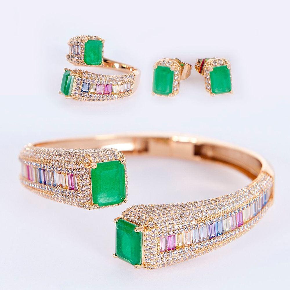 Conjunto Anel, Bracelete e Brincos Pedras