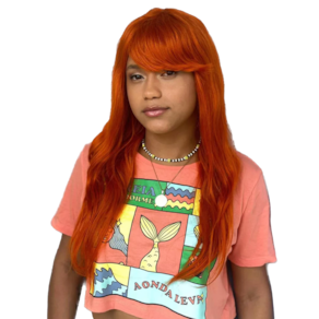 Peruca Humana Ruiva Alaranjada Com Franja Lisa Ondulada 60cm