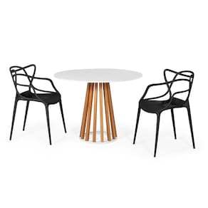 Conjunto Mesa de Jantar Redonda Branca 100cm Talia Amadeirada com 2 Cadeiras Allegra - Preto