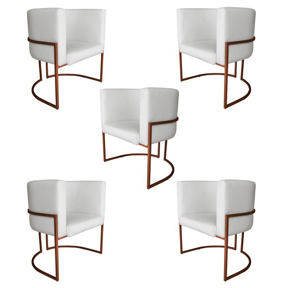 Kit 5 Poltronas Decorativa Luana Base Bronze PU Branco - Montanaris Decor