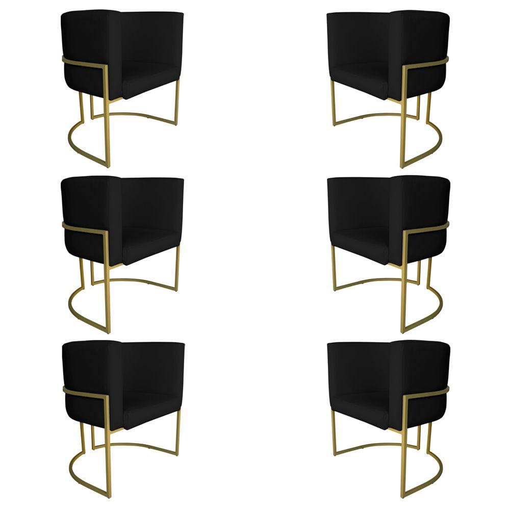 Kit 6 Poltronas Decorativa Luana Base Gold PU Preto - Montanaris Decor