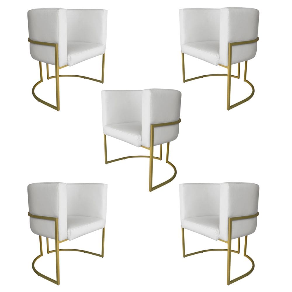 Kit 5 Poltronas Decorativa Luana Base Gold PU Branco - Montanaris Decor
