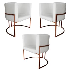 Kit 3 Poltronas Decorativa Luana Base Bronze PU Branco - Montanaris Decor