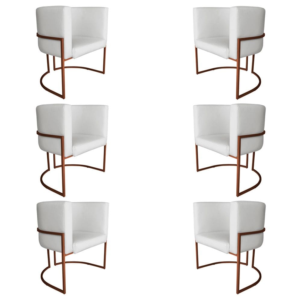 Kit 6 Poltronas Decorativa Luana Base Bronze PU Branco - Montanaris Decor