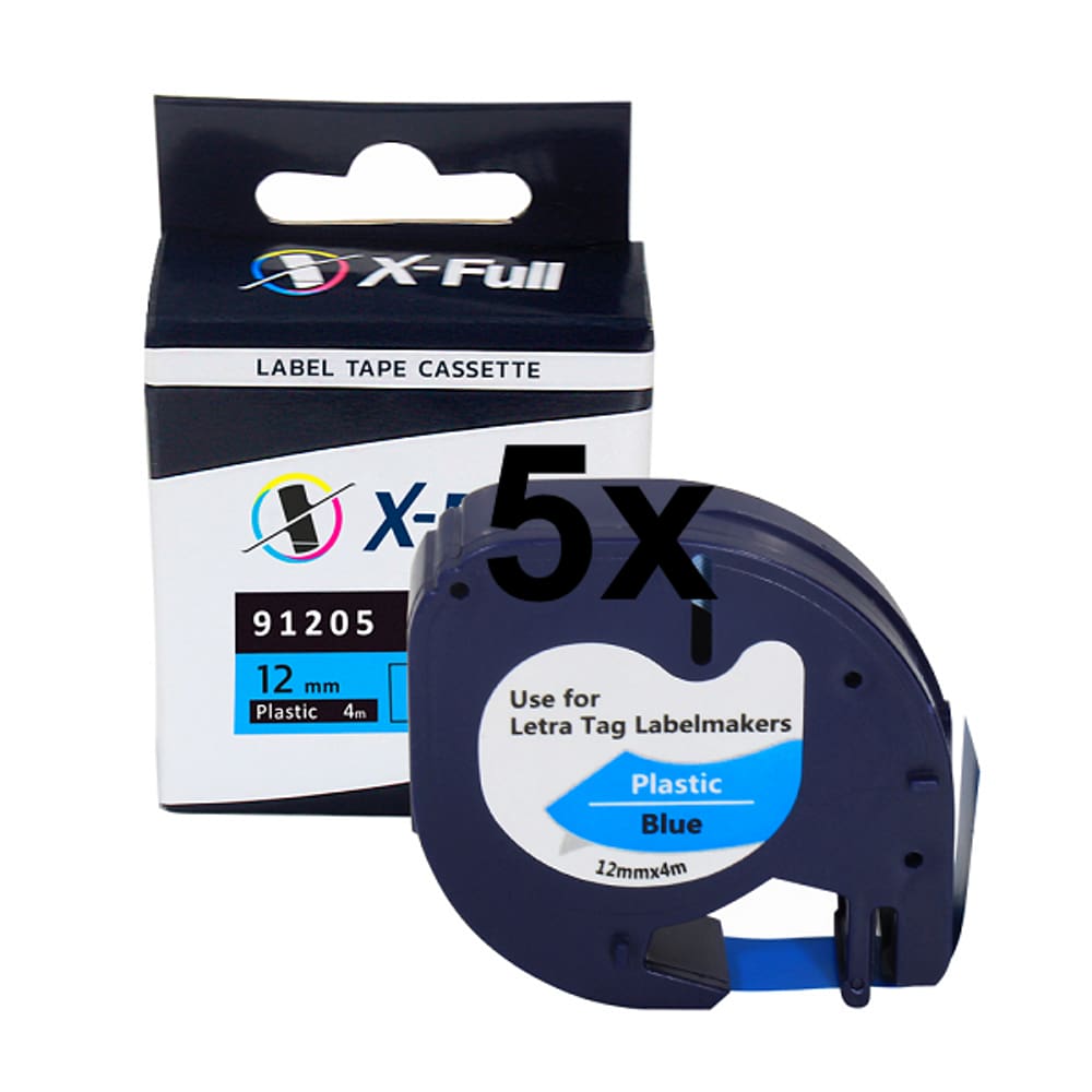 Kit 5 Fitas Compatível Dymo Letratag 91205 Azul Preta 12mm