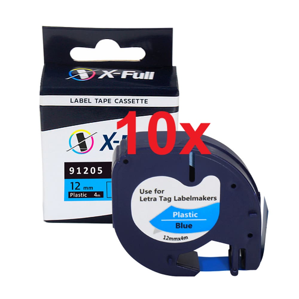 Kit 10 Fitas Compatível Dymo Letratag 91205 Azul Preta 12mm