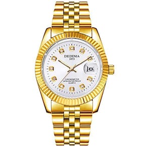 Relógio Analógico de Pulso Impermeável, Design Clássico em Aço Inoxidável, Casual com Data (Dourado Branco)