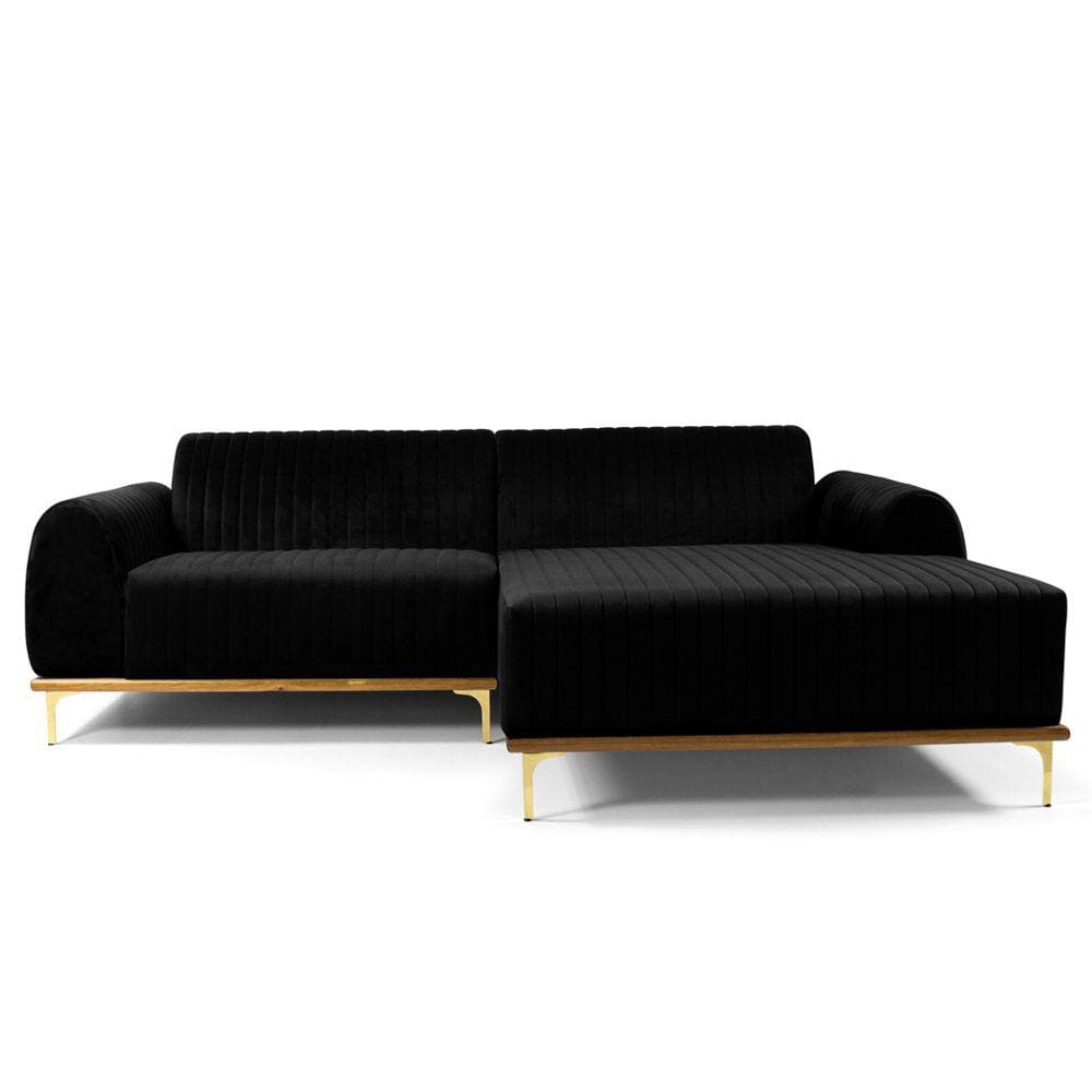 Sofá 3 Lugares Lisboa D07 com Chaise Direita 230cm Veludo Preto - D`Rossi