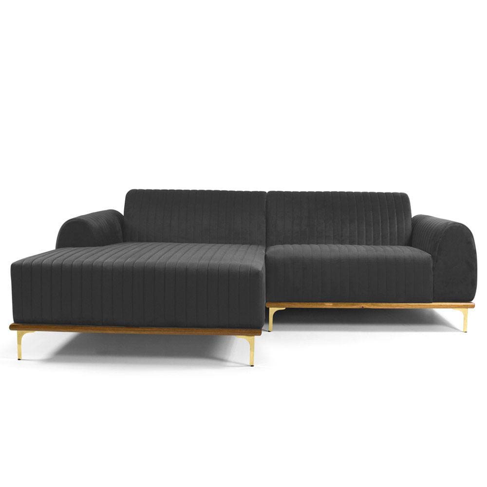 Sofá 3 Lugares Lisboa D07 com Chaise Esquerda 230cm Veludo Cinza - D`Rossi