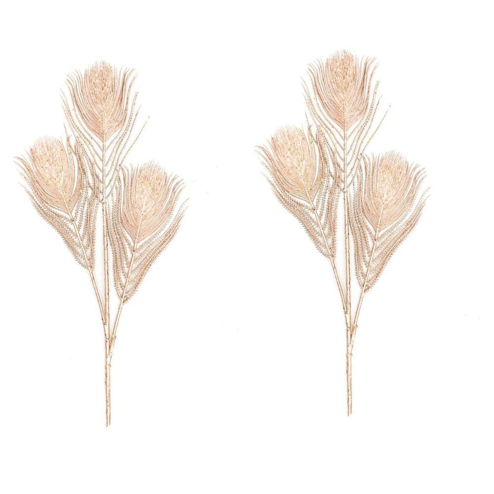 Jogo 2 Galhos Folhagem Pena de Pavão Rosê Gold Fosco Metalizado 60cm - Magizi