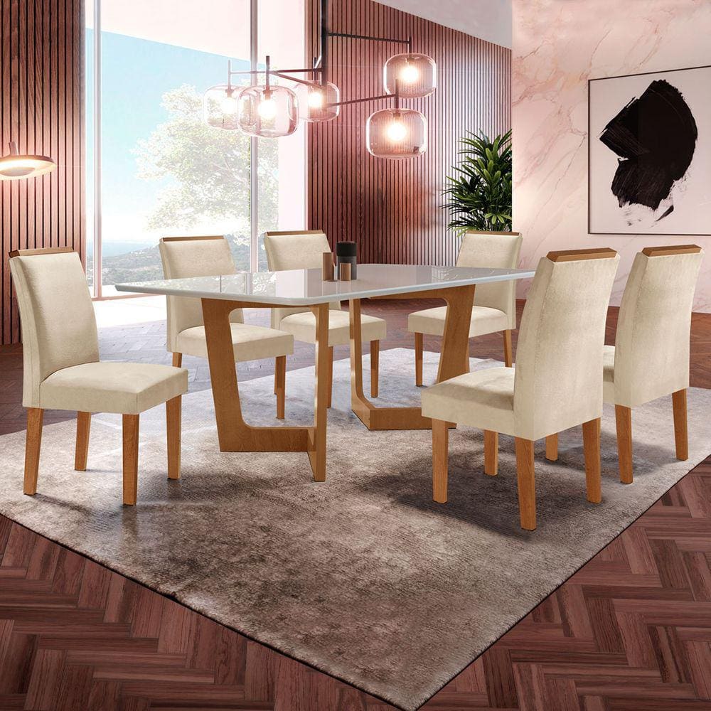 Mesa de Jantar 6 Lugares Nápoles/Luísa com Vidro Cinamomo/Off White/Bege - Cel Móveis