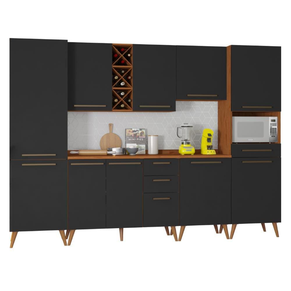 Armário De Cozinha Completa Com Adega 10 Portas 4 Gavetas Favorita Preto/Nature