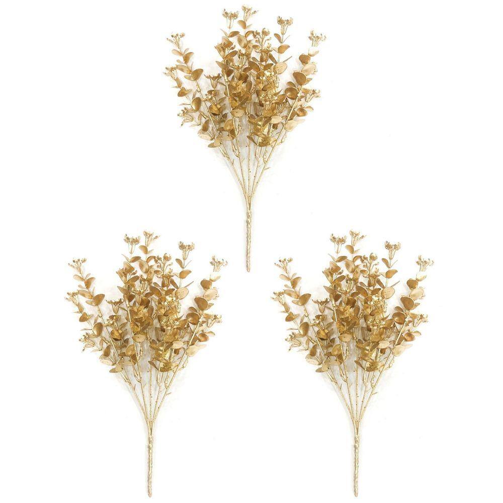 Kit 3 Galhos Natal Folhagens Metalizadas Glitter Dourado 30cm - Magizi