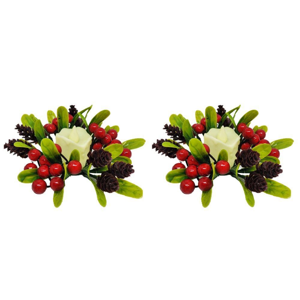 Kit 2 Porta Velas Natalino Folhagens e Pinhas com Vela Eletrônica LED - Magizi