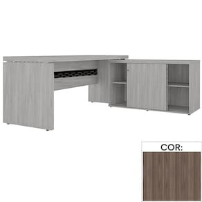 Mesa de Escritório com Balcão e Prateleiras internas PE50 em MDP 180 x 170 cm Walnut detalhe Preto