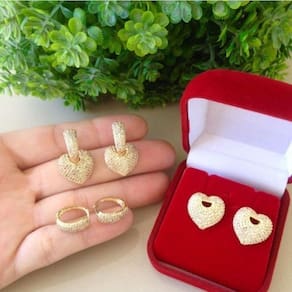 Brinco Argola Com Coração Pedras De Zirconia Banhado A Ouro