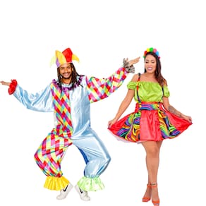 Fantasia de Casal Palhacinhos Vestido Palhaça e Macacão Palhaço Longo Adulto Festa Circo Halloween Carnaval Cosplay