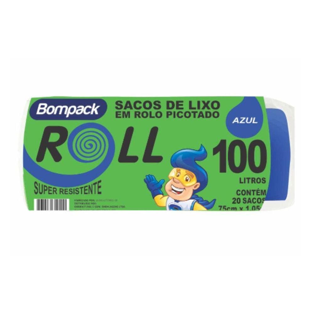 Saco de Lixo em Rolo Picotado 100 Litros Bompack Azul com 20 Unidades