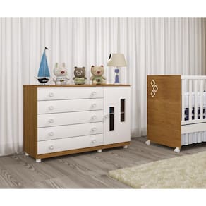 Cômoda de Bebê 1 Porta 5 Gavetas com pés  Evolution Tcil Móveis Cinamomo/Neve