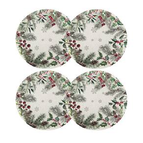 Jogo 4 Sousplat Natal Decorado Estampa Pinhas Folhagens e Berrries 33cm - Magizi