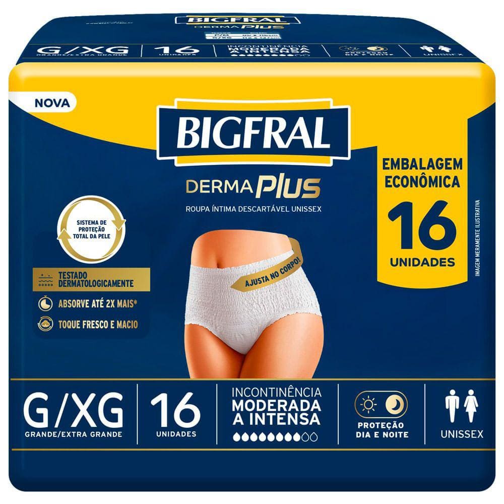 Roupa Íntima Bigfral Derma Plus Descartável Unissex Tamanho G/XG com 16 Unidades