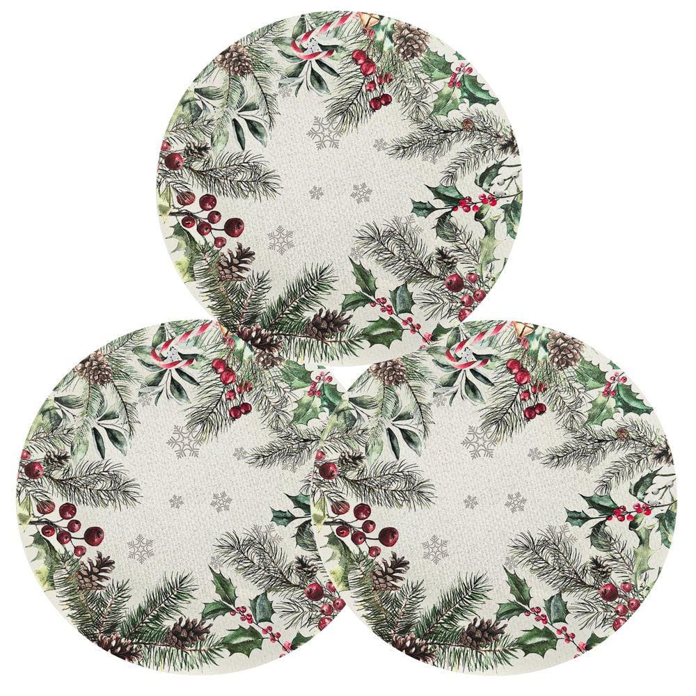 Jogo 3 Sousplat Natal Decorado Estampa Pinhas Folhagens e Berrries 33cm - Magizi