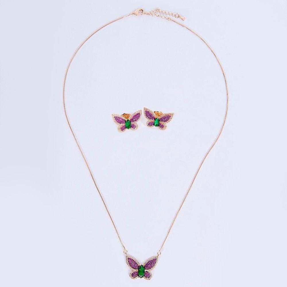 Conjunto de Colar e Brincos Borboletas Coloridas