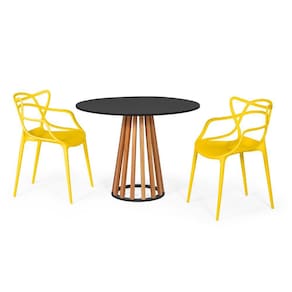 Conjunto Mesa de Jantar Redonda Preta 100cm Talia Amadeirada com 2 Cadeiras Allegra - Amarelo