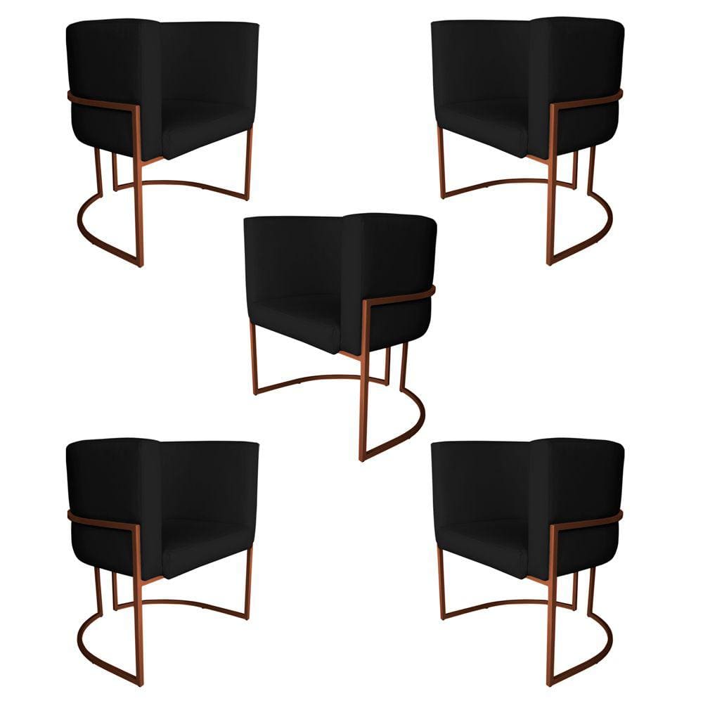 Kit 5 Poltronas Decorativa Luana Base Bronze PU Preto - Montanaris Decor