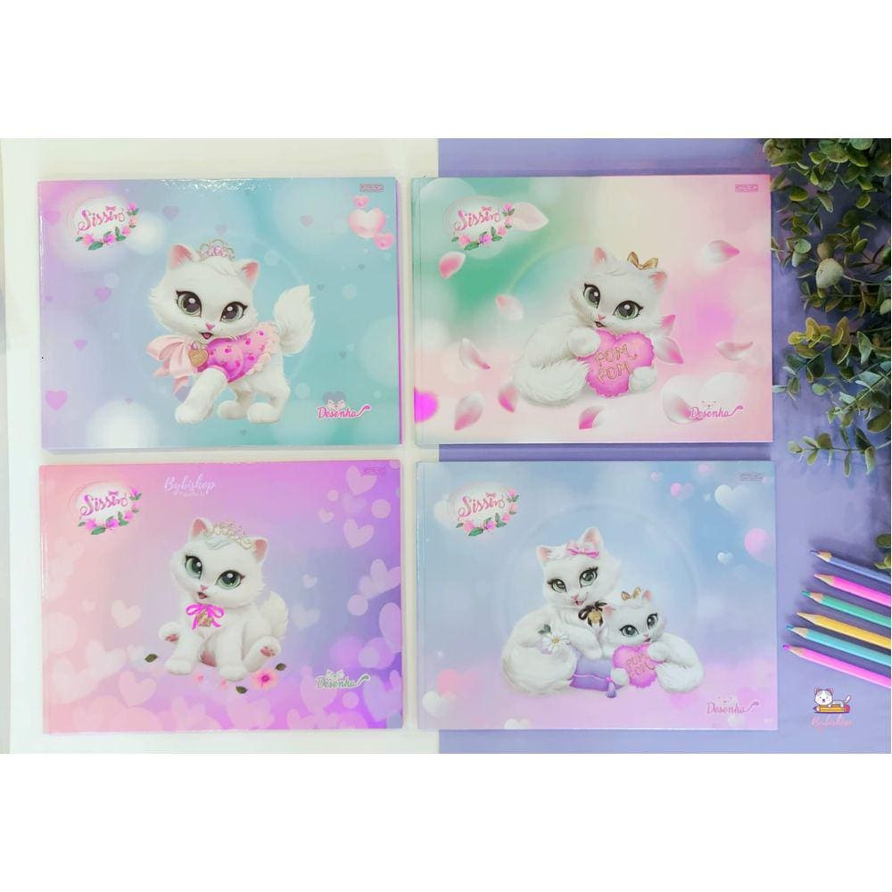 Kit 04 Caderno de Desenho Cartográfia Brochura Gatinha SISSI 48 Folhas Costurado CD São Domingos | Cadernos Gatos