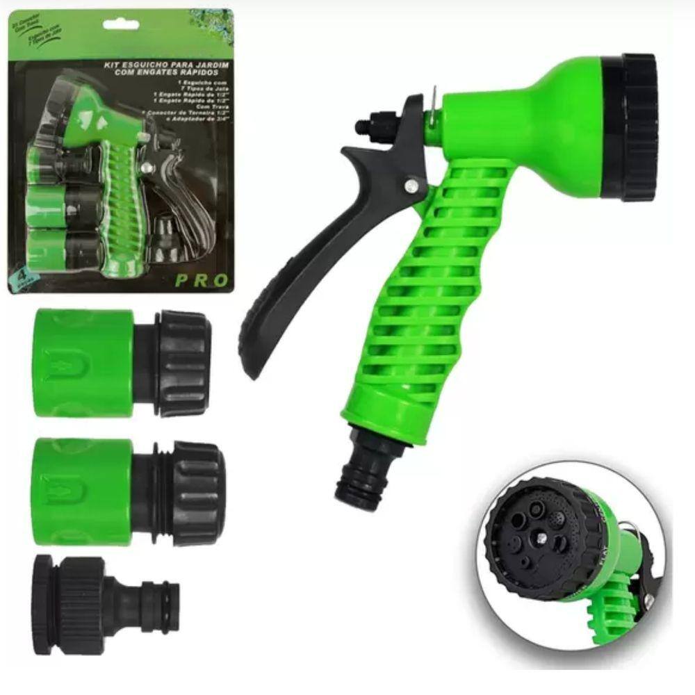 Kit Esguicho 4Pcs Para Jardim c/ Engate 7 funções + 2 Engates + Adaptador