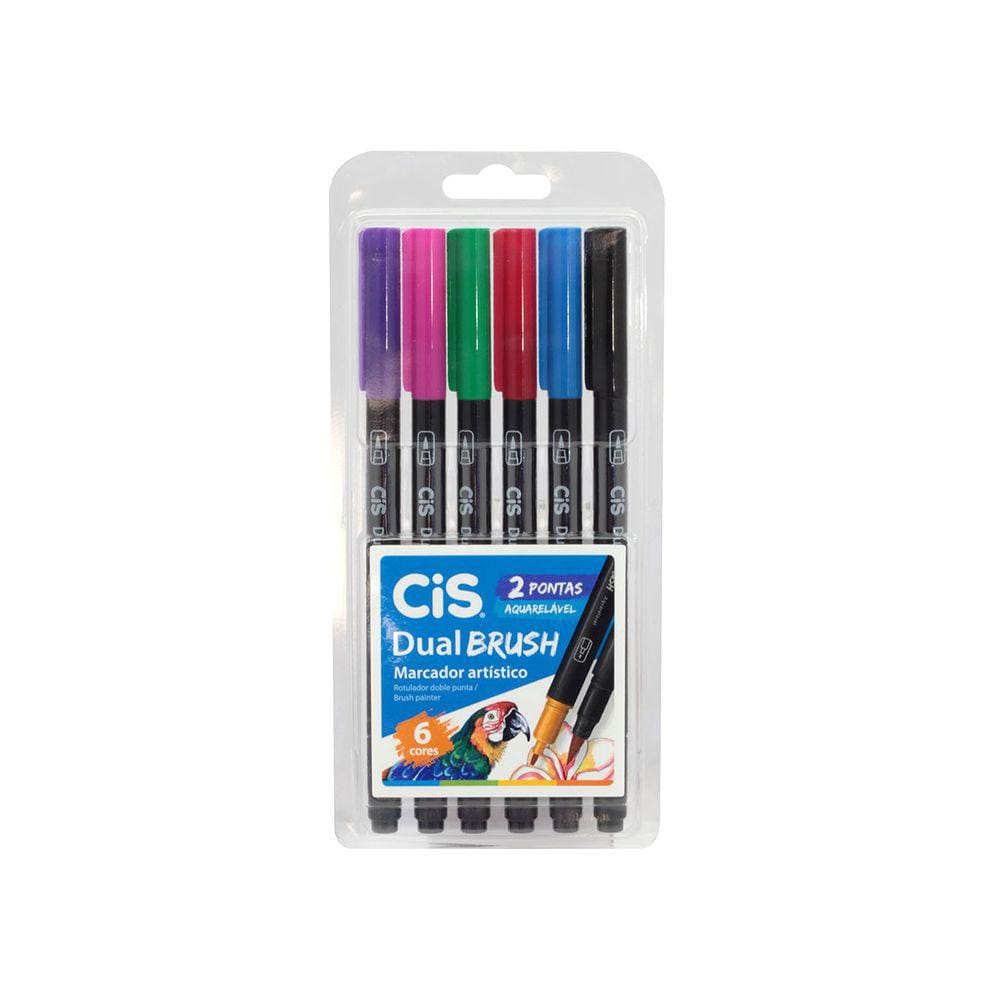 Marcador Artístico Dual Brush 2 Pontas Aquarelável, Estojo 6 Cores - Cis - 580000
