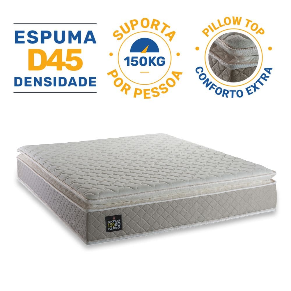 Colchão Queen Espuma D45 Pillow Top Strong 158x198x24cm Cinza/Branco Hellen - Suporta até 150kg por pessoa