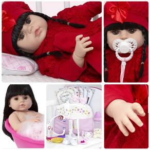 Boneca Reborn Realista Morena Vestido Vermelho Enxoval Bolsa