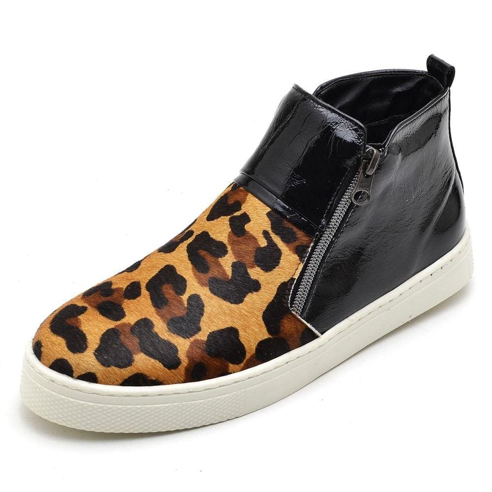 Tenis Bota Casual Feminino Couro Cano Medio Ziper Estampa Marrom Palmilha Conforto Academia