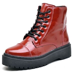 Bota Plataforma Couro Verniz Feminina Cadarço Cano Medio Confortavel Forrada Leve