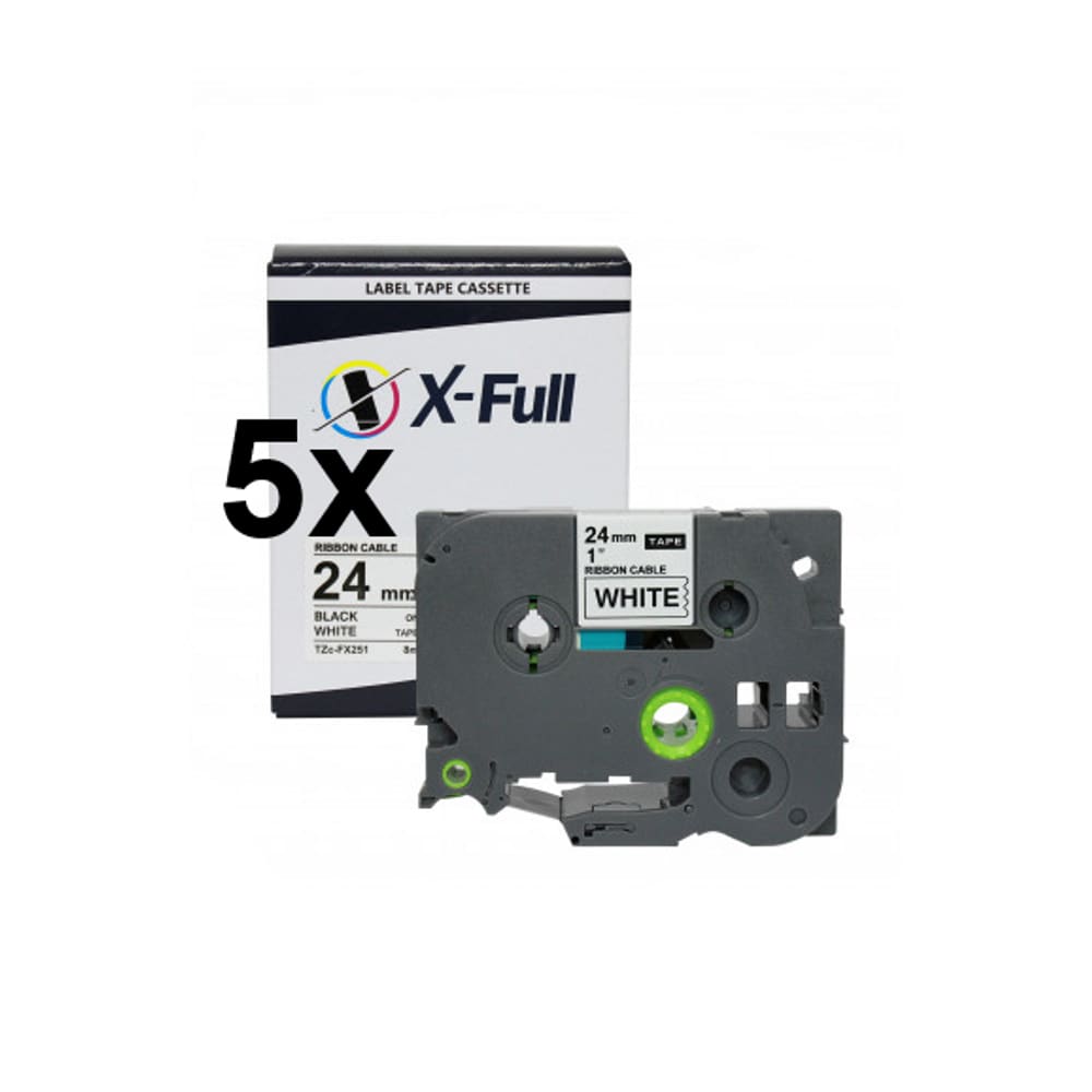 Kit 5 Fita Flexível Compatível Brother Tze FX251 Branca 24mm