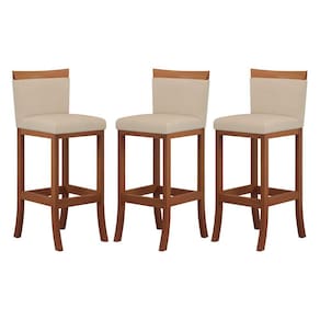 Kit 3 Banquetas Média Encosto Estofado 38x92 Cm Paris Madeira Maciça Castanho Suede Bege CCS