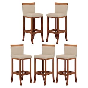 Kit 5 Banquetas Alta Encosto Estofado 38x102 Cm Paris Madeira Maciça Castanho Suede Bege CCS